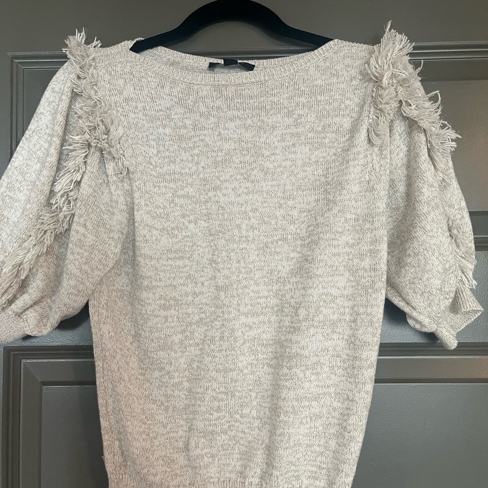 Ann Taylor Fringe Detail Cream Sweater with Gold Shimmer